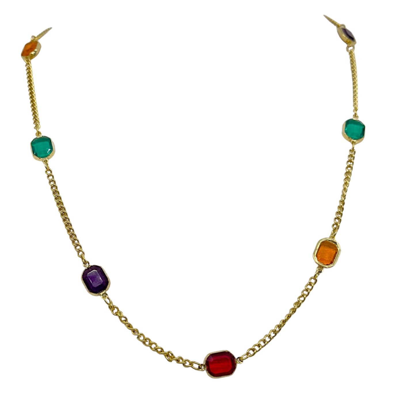 Vintage gold tone acrylic gemstone chain necklace GM1588