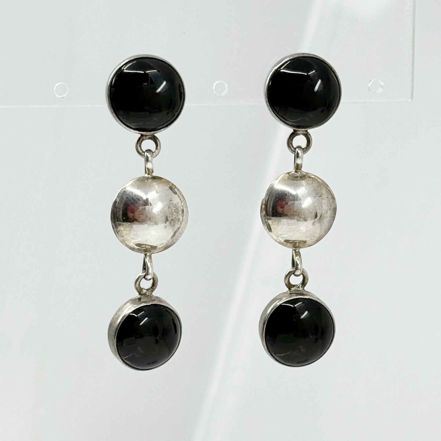 Navajo Benson Manygoats sterling silver onyx drop earrings - GM162