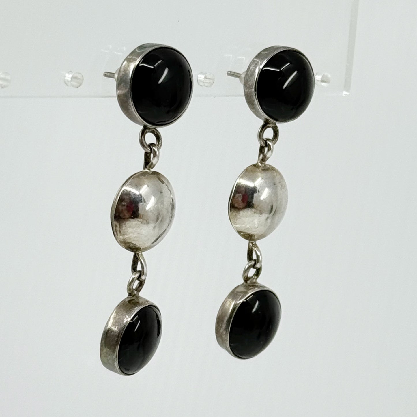 Navajo Benson Manygoats sterling silver onyx drop earrings - GM162