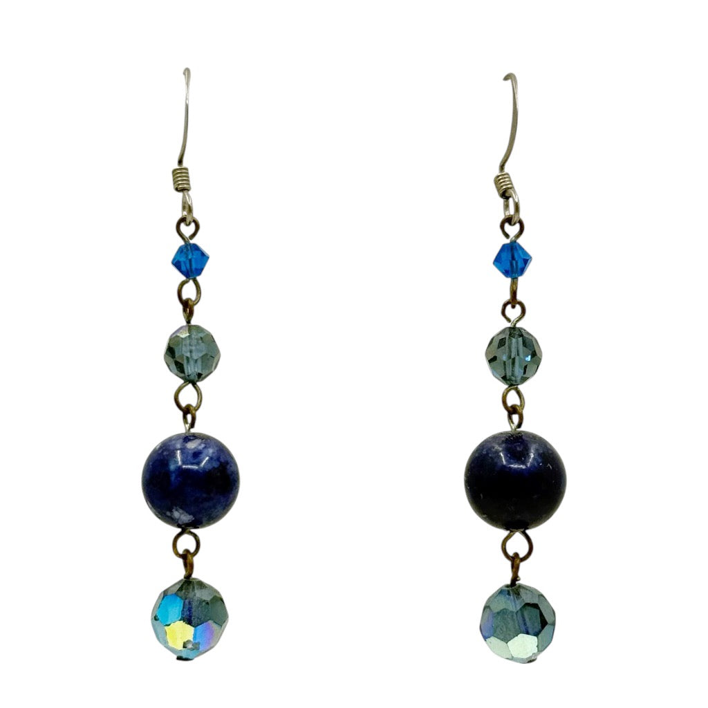 Hand Made sterling silver sodalite & crystal bead drop earrings - GM163