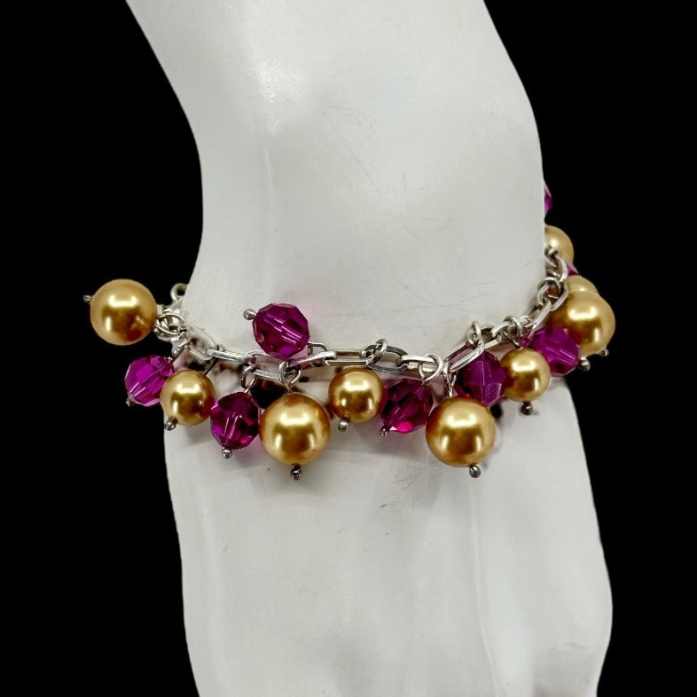 Sterling silver crystal & pearl cha cha cha charm bracelet - GM168