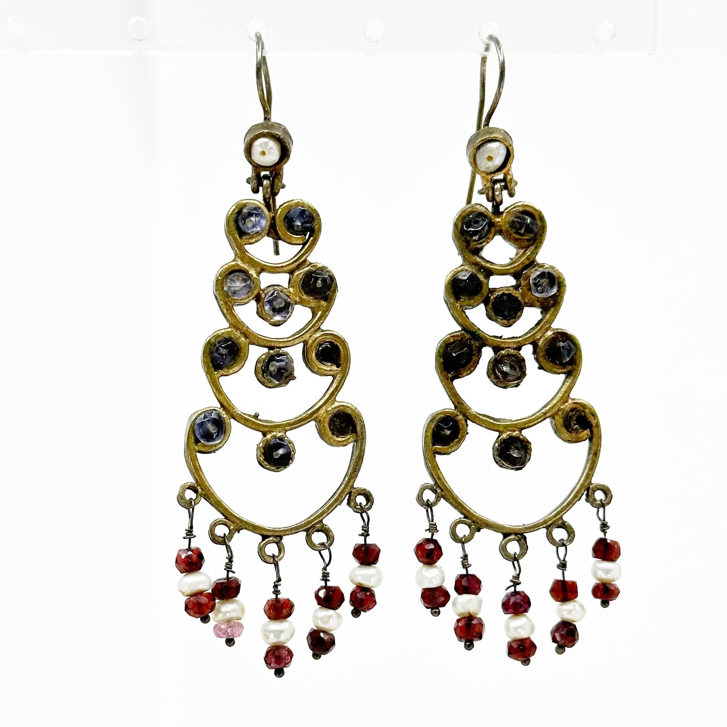 French sterling silver & bronze pearl Iolite Chandelier earrings - GM170