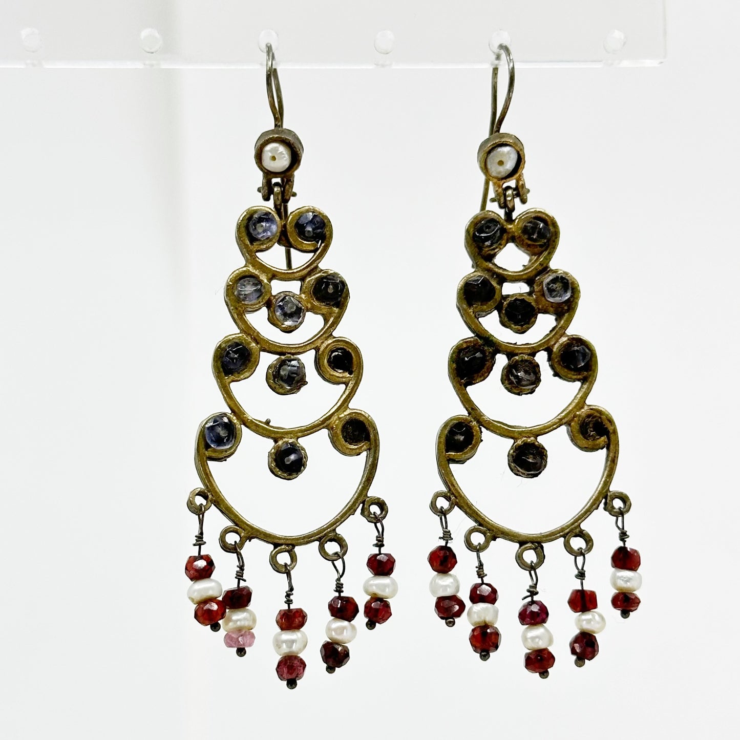 French sterling silver & bronze pearl Iolite Chandelier earrings - GM170