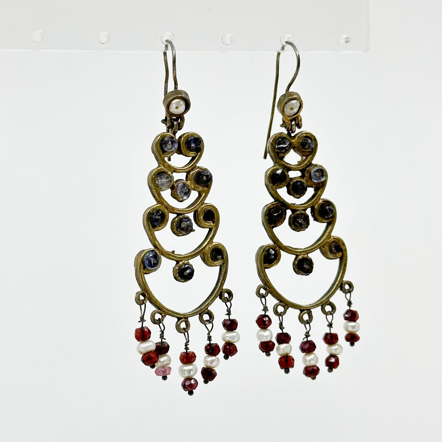 French sterling silver & bronze pearl Iolite Chandelier earrings - GM170