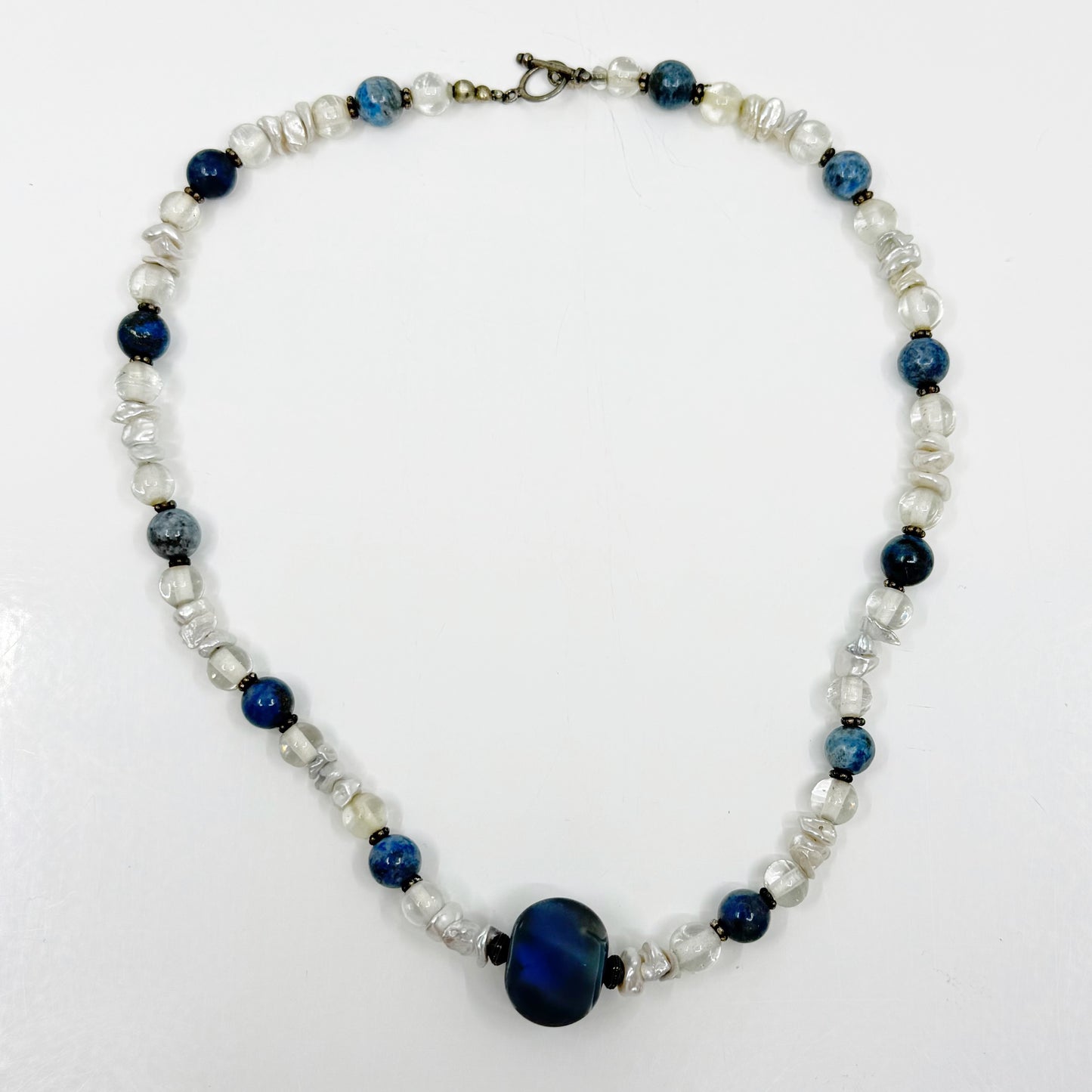 Hand Made sterling silver sodalite pearl & glass bead necklace - GM171