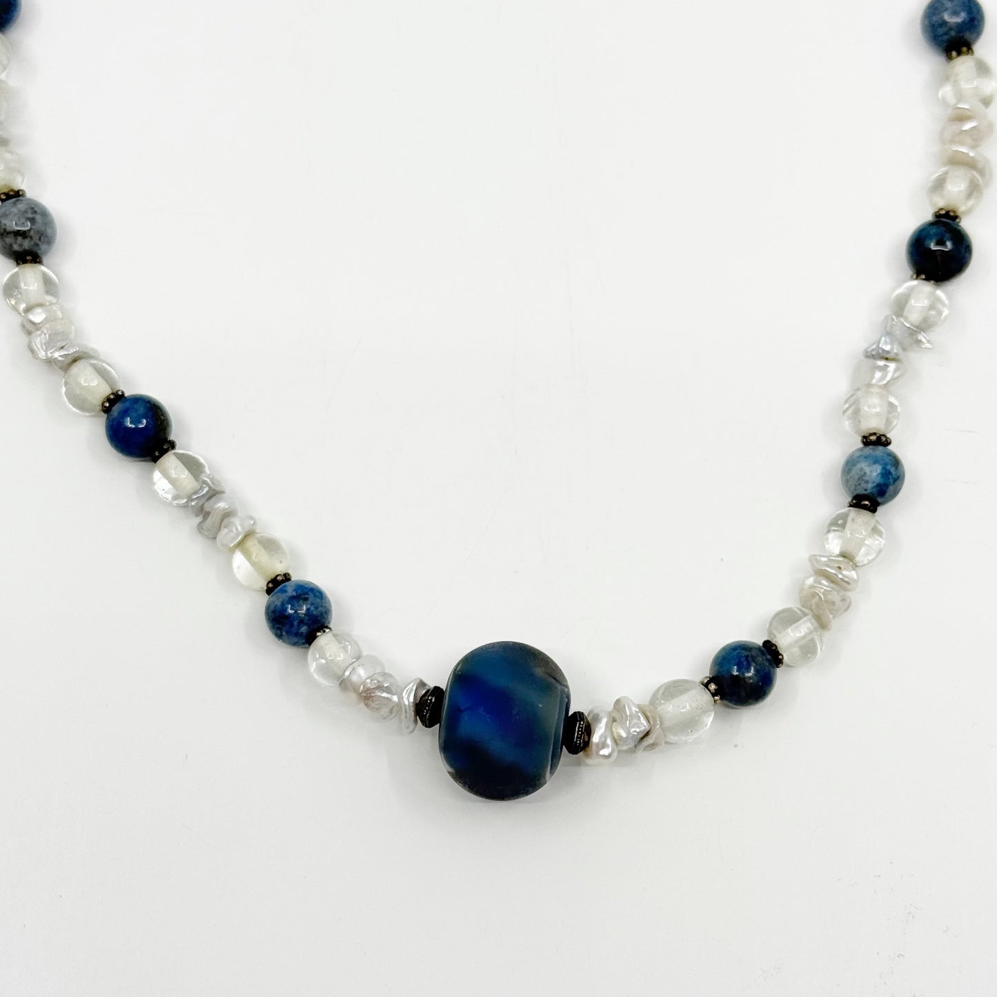 Hand Made sterling silver sodalite pearl & glass bead necklace - GM171