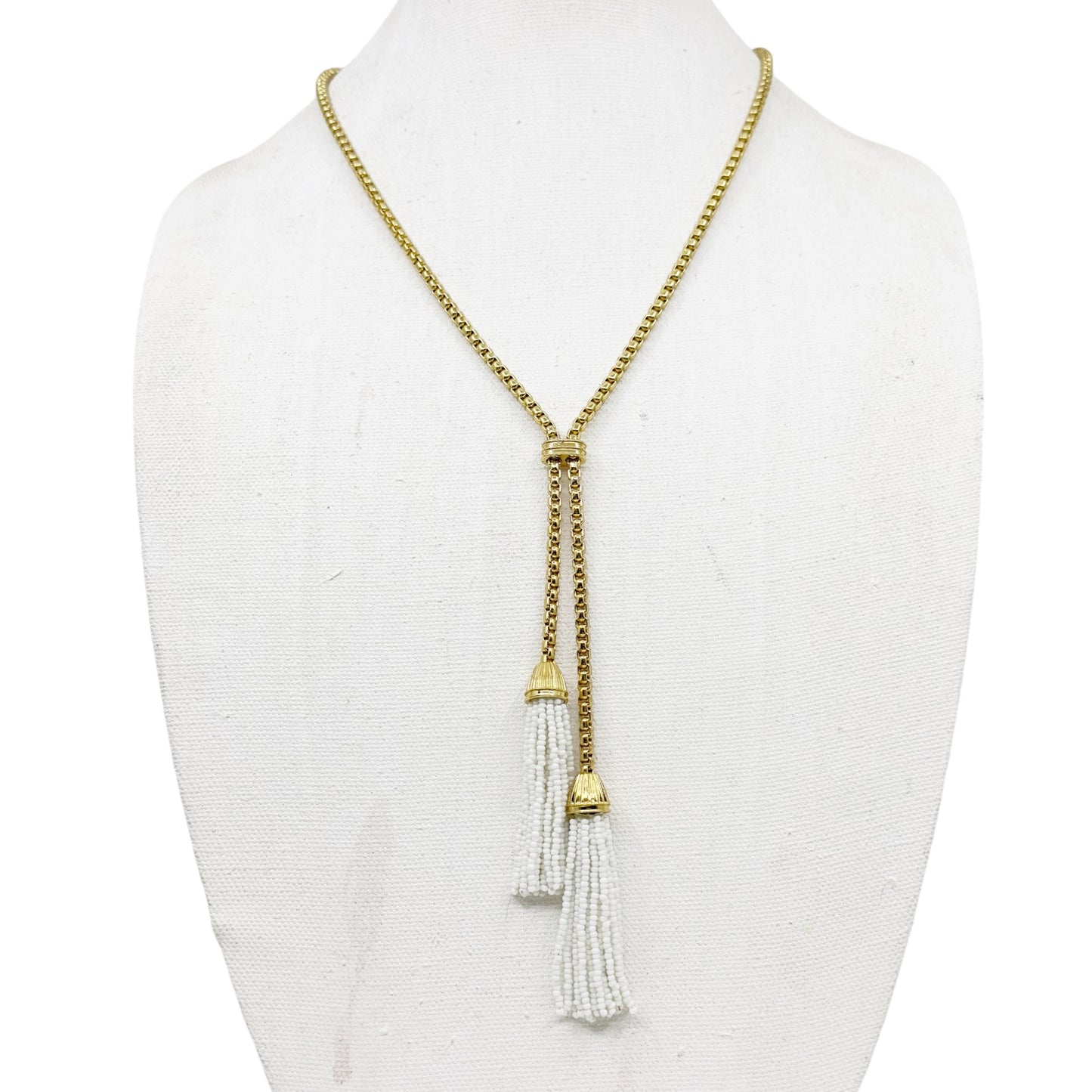 J.Crew Gold tone white bead Tassel lariat necklace