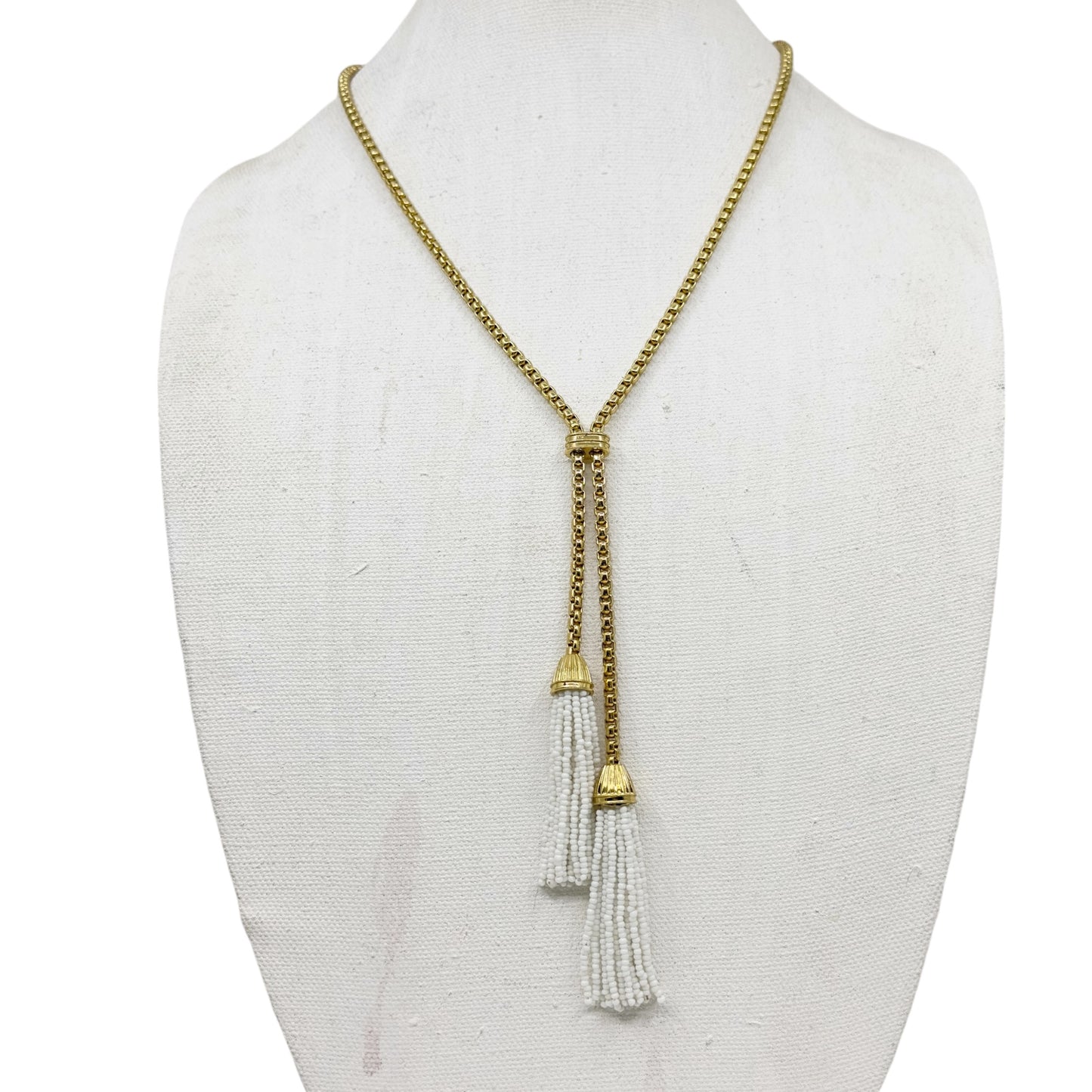 J.Crew Gold tone white bead Tassel lariat necklace