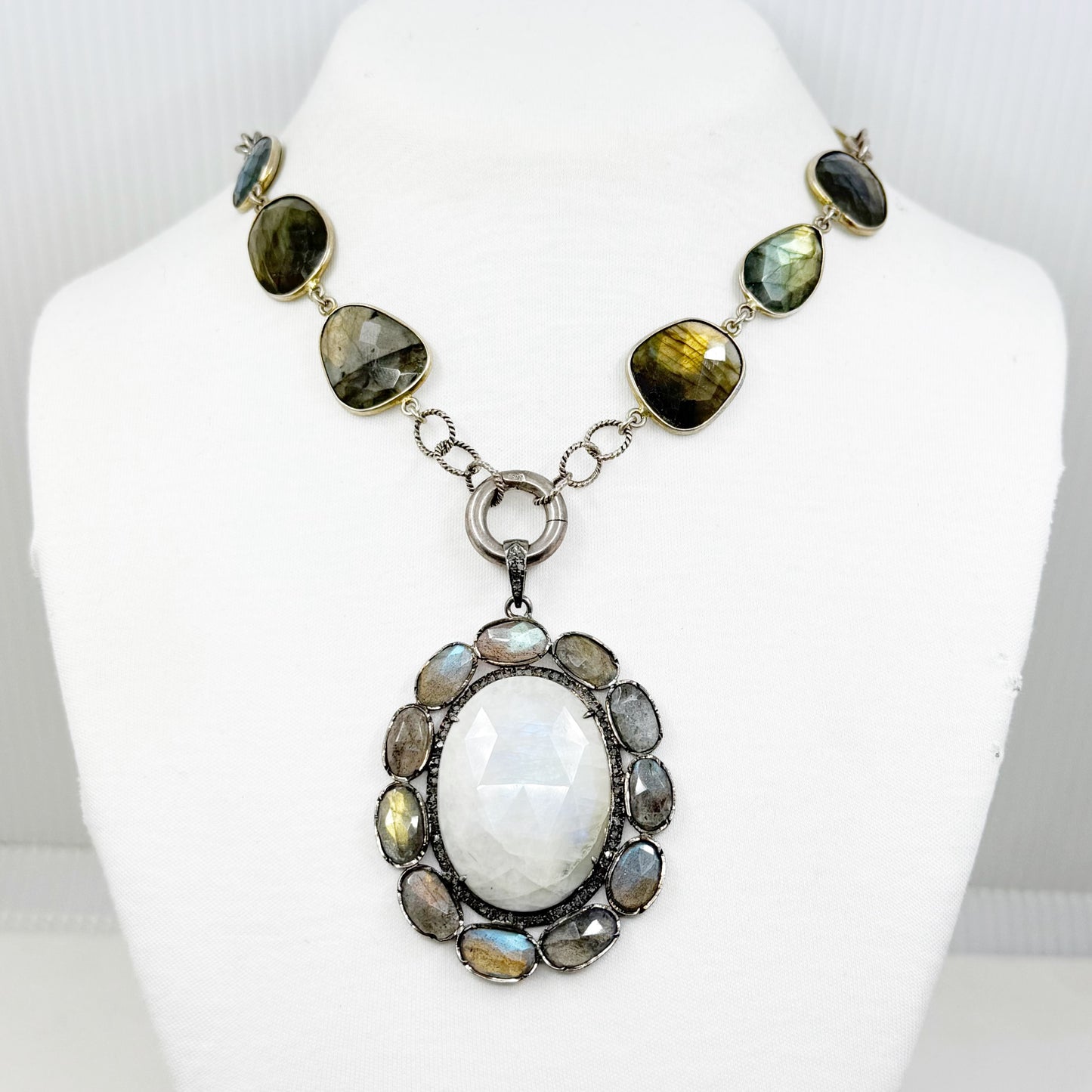 sterling silver moonstone labradorite diamond pendant necklace - GM173