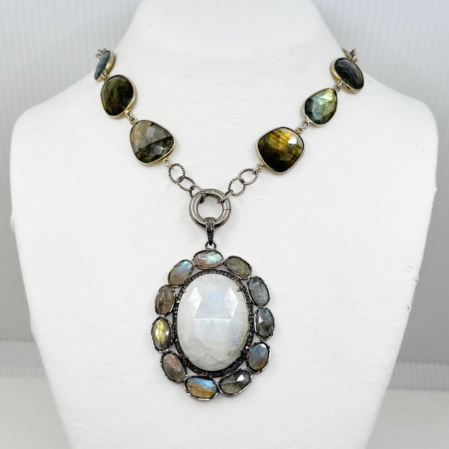 sterling silver moonstone labradorite diamond pendant necklace - GM173