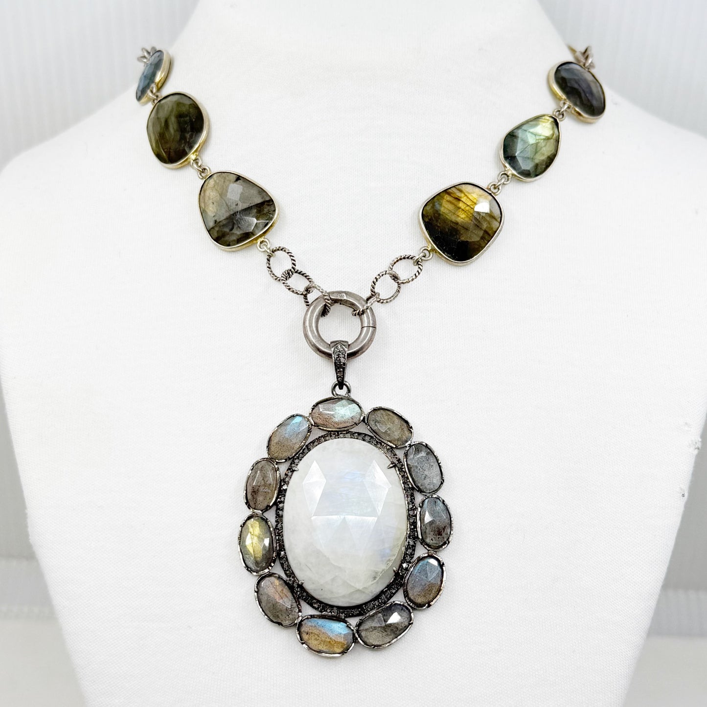 sterling silver moonstone labradorite diamond pendant necklace - GM173