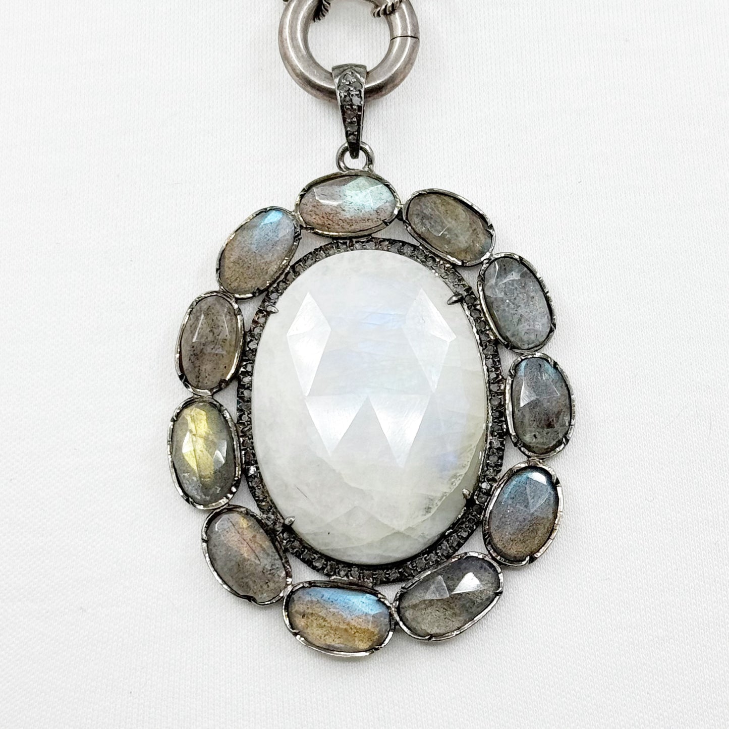 sterling silver moonstone labradorite diamond pendant necklace - GM173