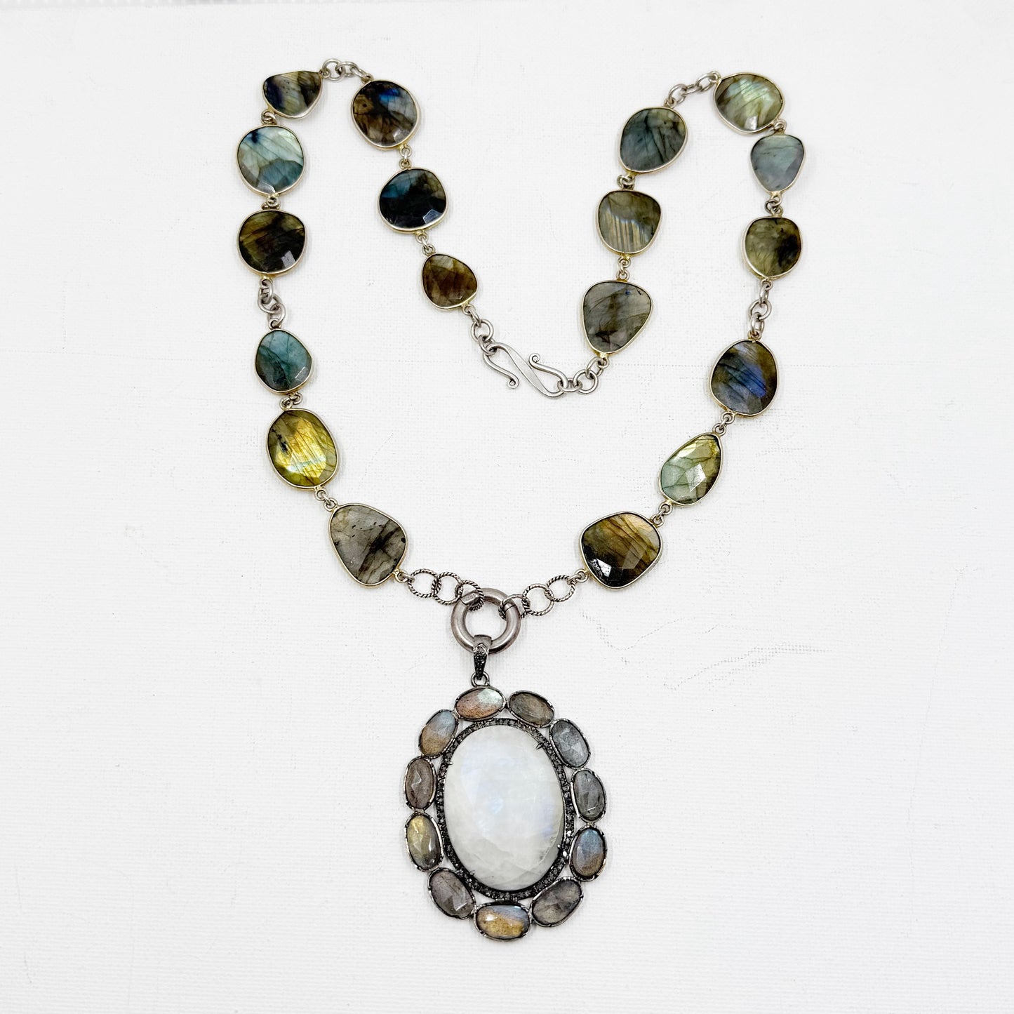 sterling silver moonstone labradorite diamond pendant necklace - GM173