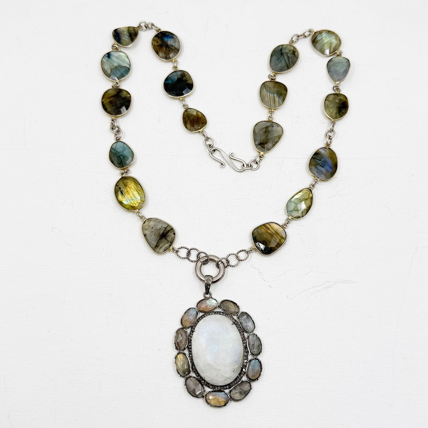 sterling silver moonstone labradorite diamond pendant necklace - GM173