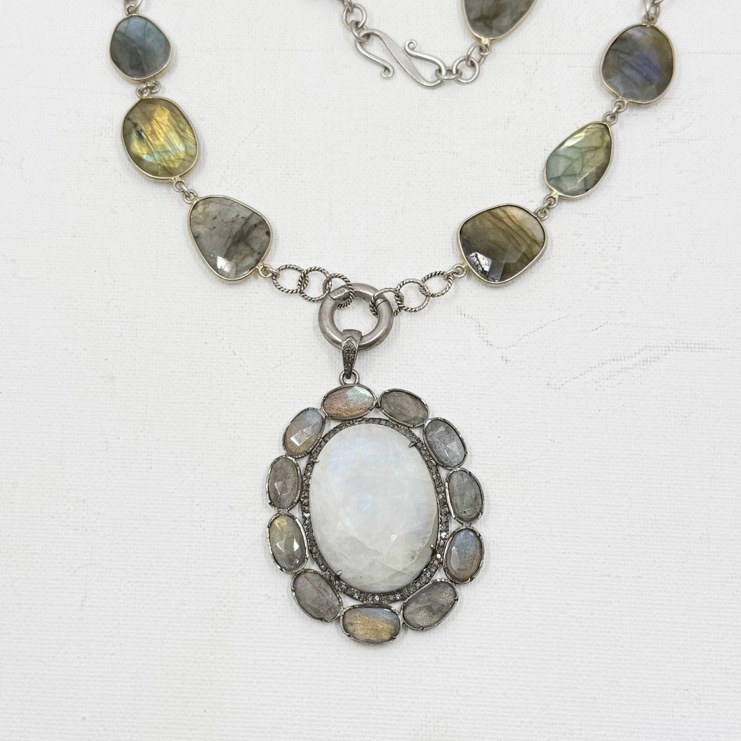 sterling silver moonstone labradorite diamond pendant necklace - GM173