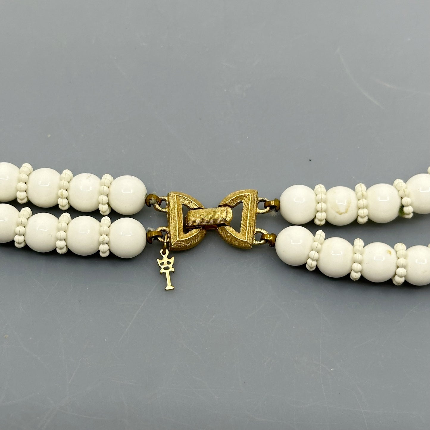 Vintage Crown Trifari gold tone acrylic bead double strand necklace