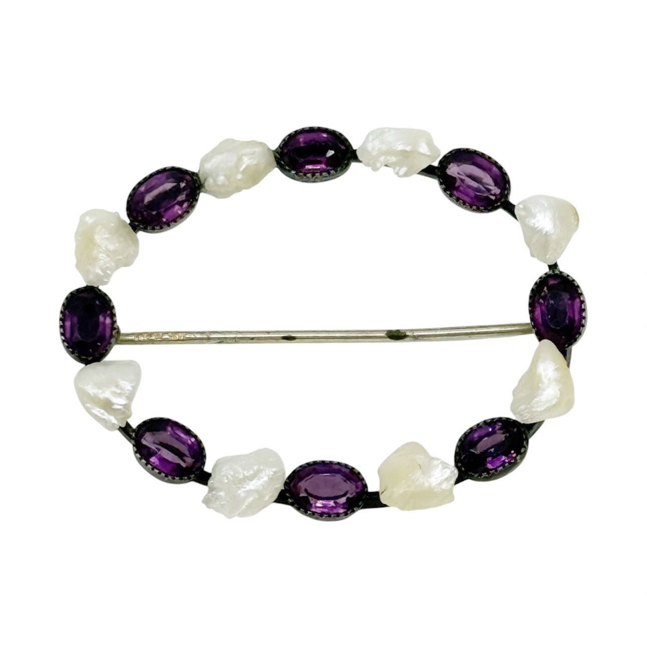Art Deco German silver natural river pearl & amethyst brooch - GM233