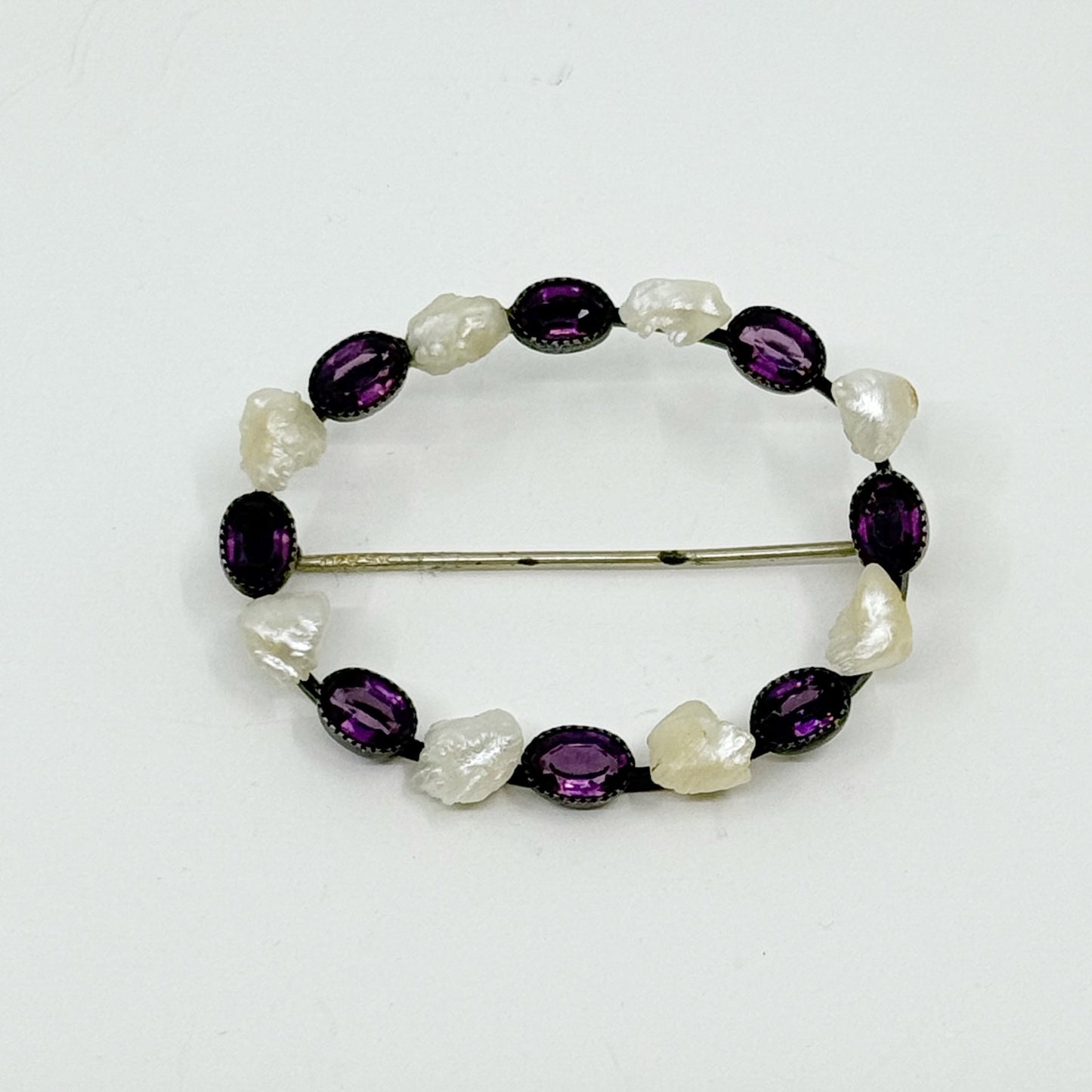 Art Deco German silver natural river pearl & amethyst brooch - GM233