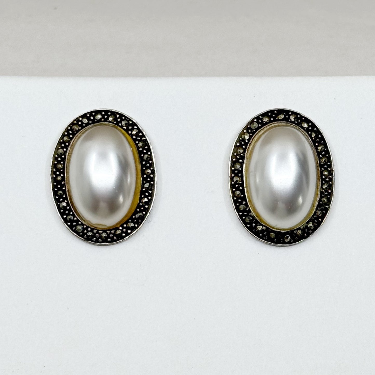 Sterling silver mabe pearl & marcasite earrings - GM18