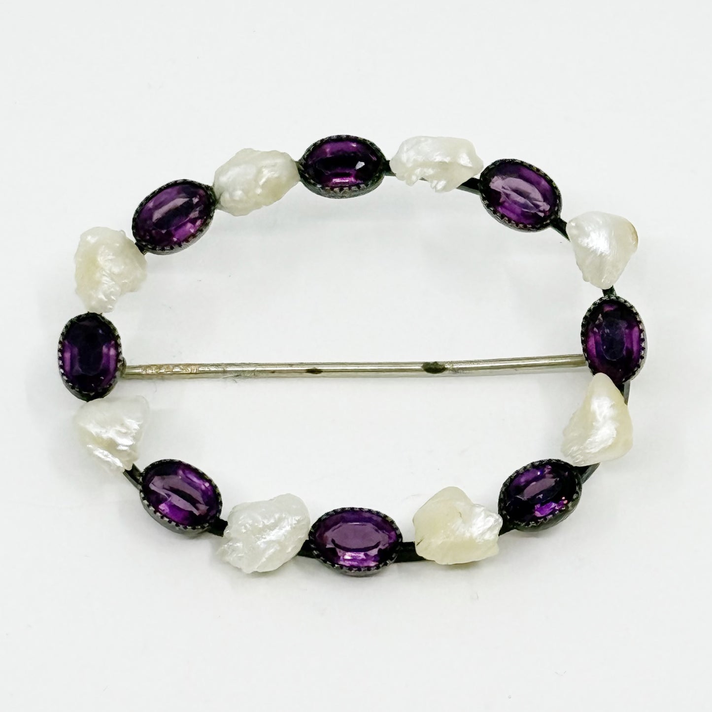 Art Deco German silver natural river pearl & amethyst brooch - GM233