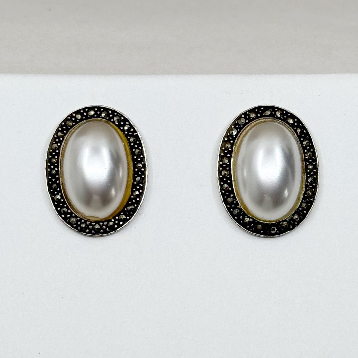 Sterling silver mabe pearl & marcasite earrings - GM18