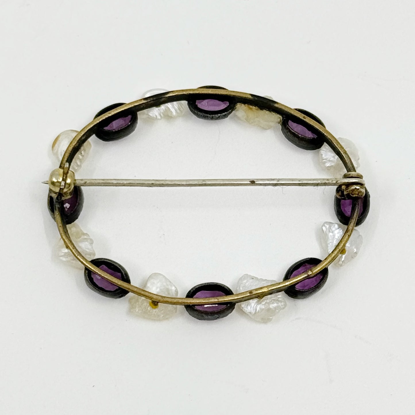 Art Deco German silver natural river pearl & amethyst brooch - GM233