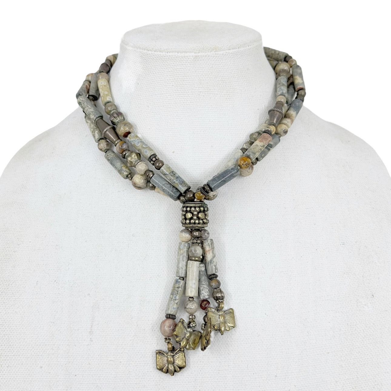 Vintage bohemian silver tone & jasper bead choker necklace