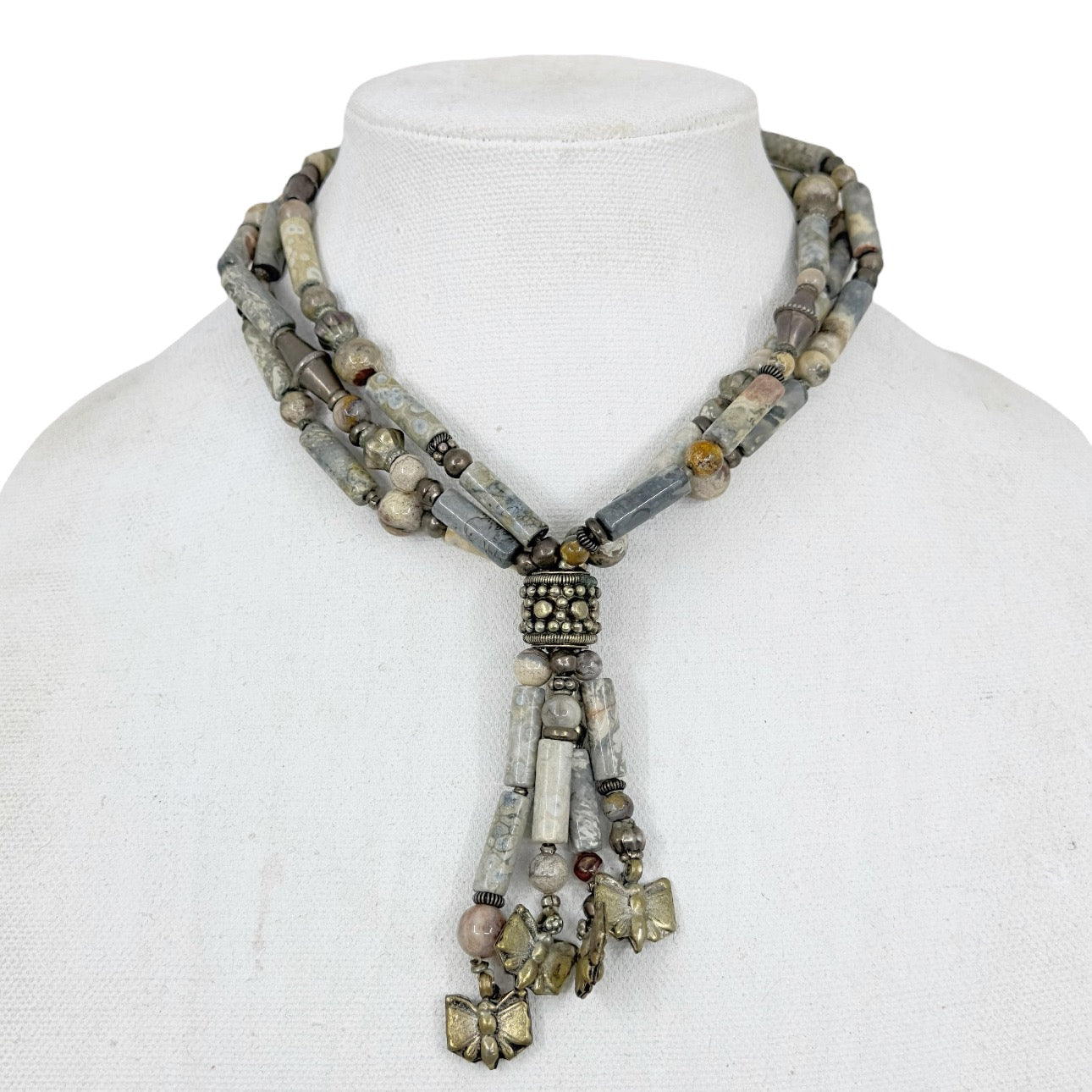 Vintage bohemian silver tone & jasper bead choker necklace