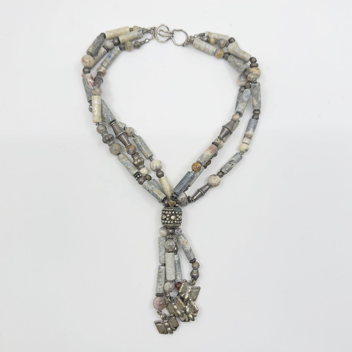 Vintage bohemian silver tone & jasper bead choker necklace