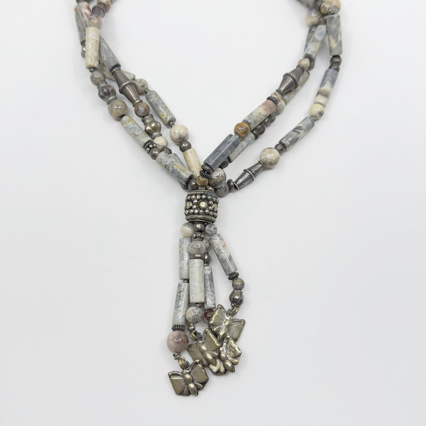 Vintage bohemian silver tone & jasper bead choker necklace