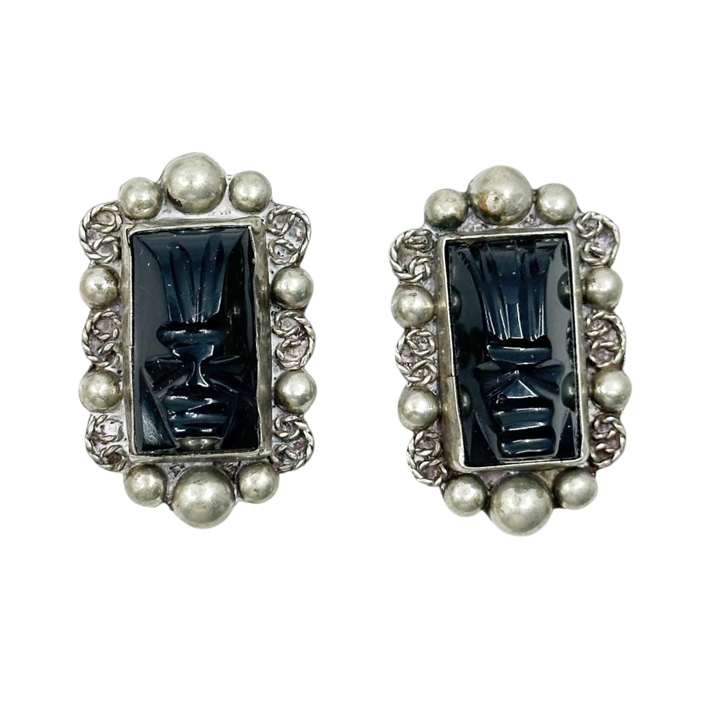 Vintage Mexican Alpaca carved Aztec warrior mask screw back earrings - GM3020