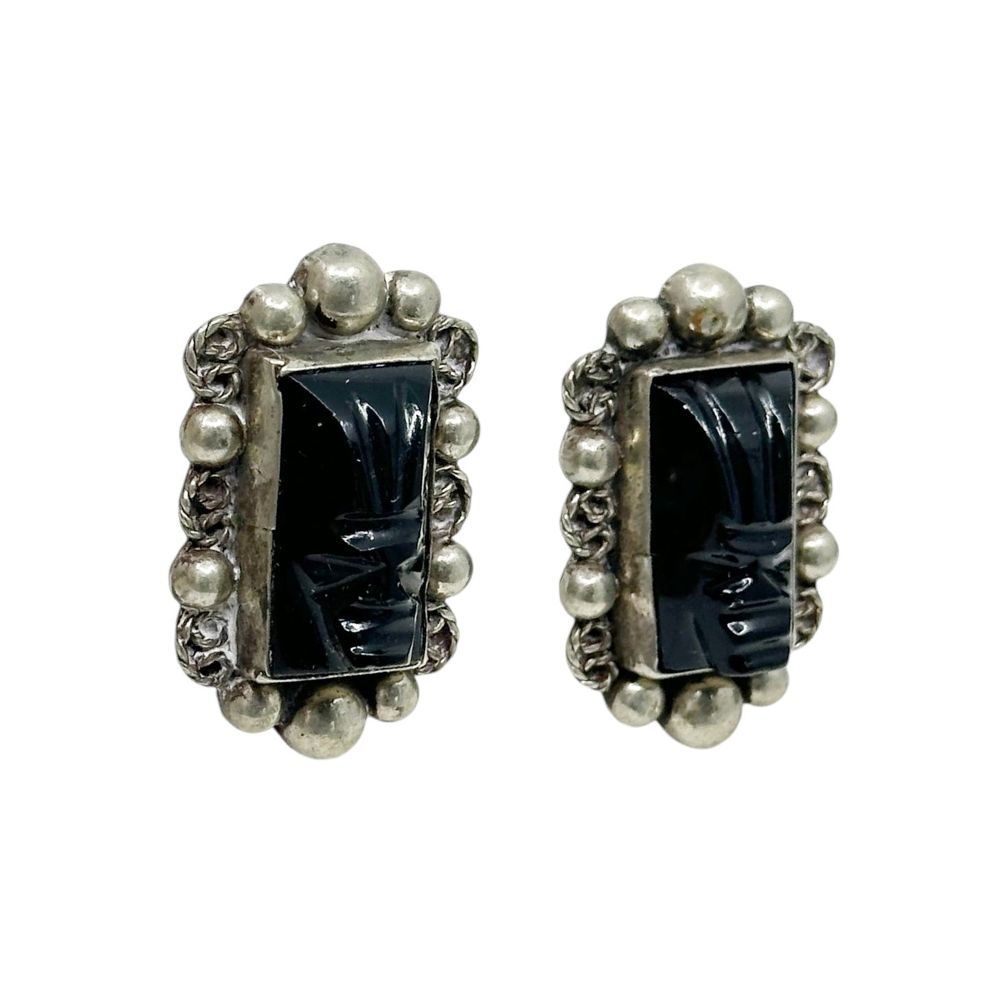 Vintage Mexican Alpaca carved Aztec warrior mask screw back earrings - GM3020
