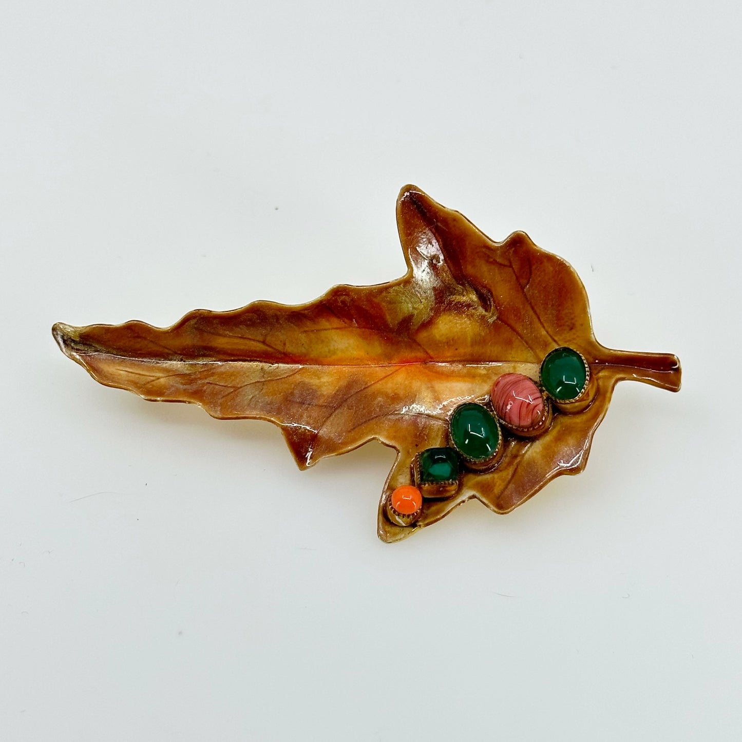 Vintage coppercraft Gemstone enamel leaf brooch