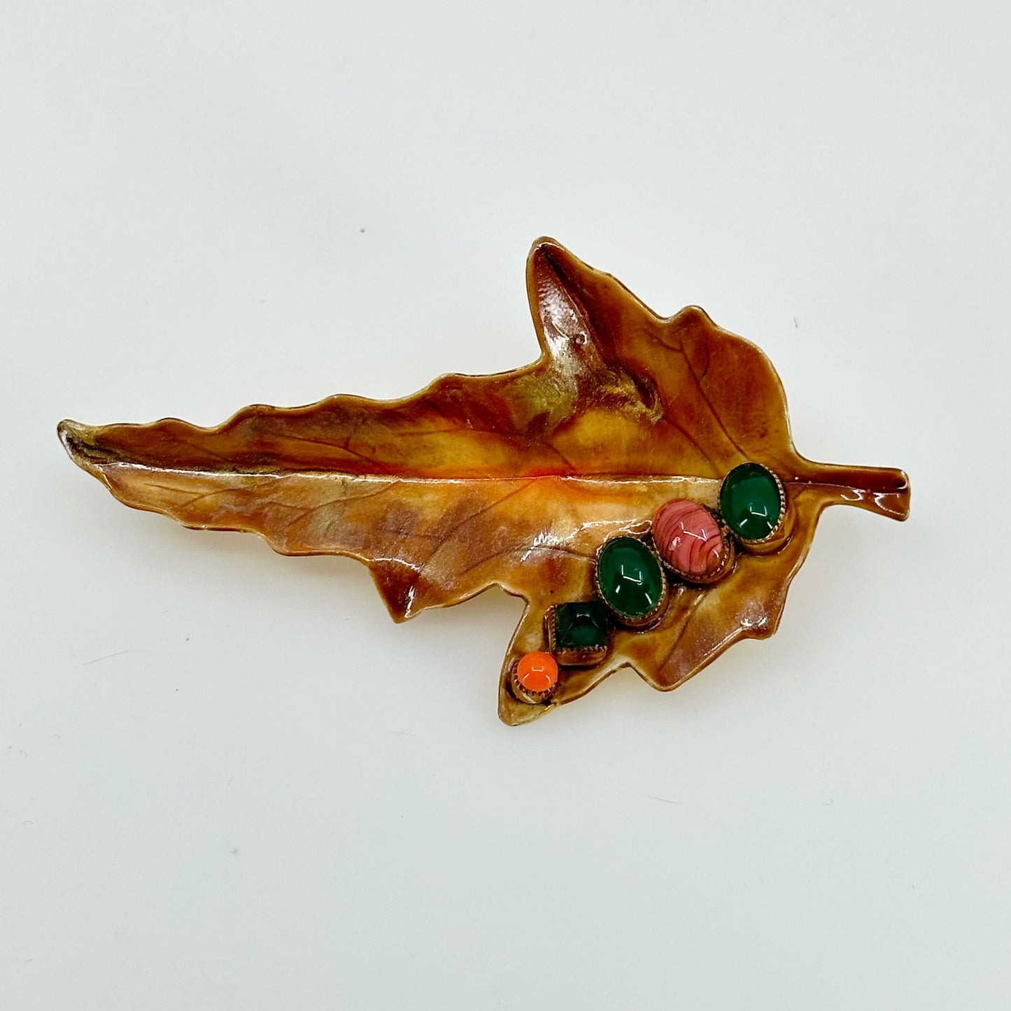 Vintage coppercraft Gemstone enamel leaf brooch