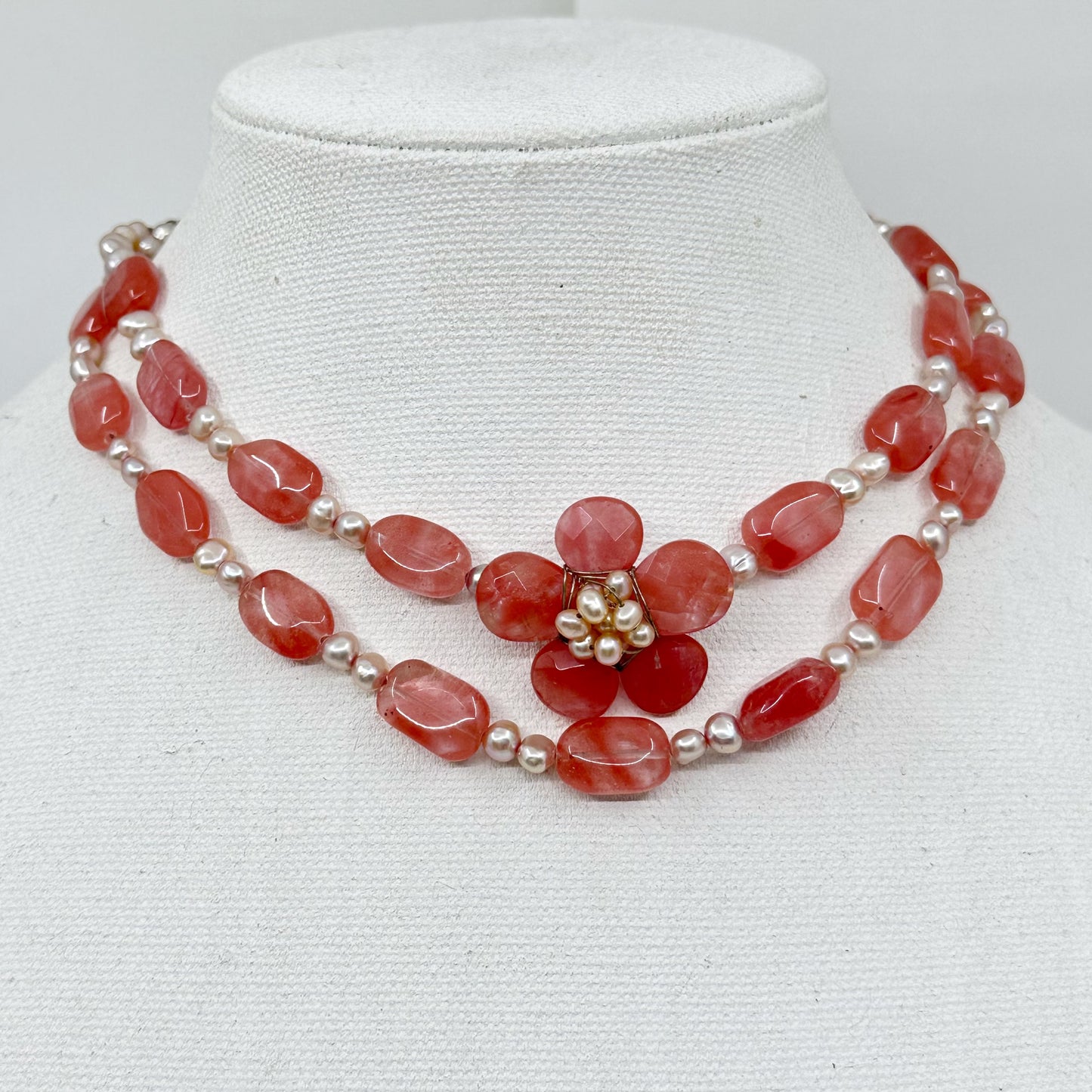 Sterling silver Pearl & cherry quartz bead necklace - GM185