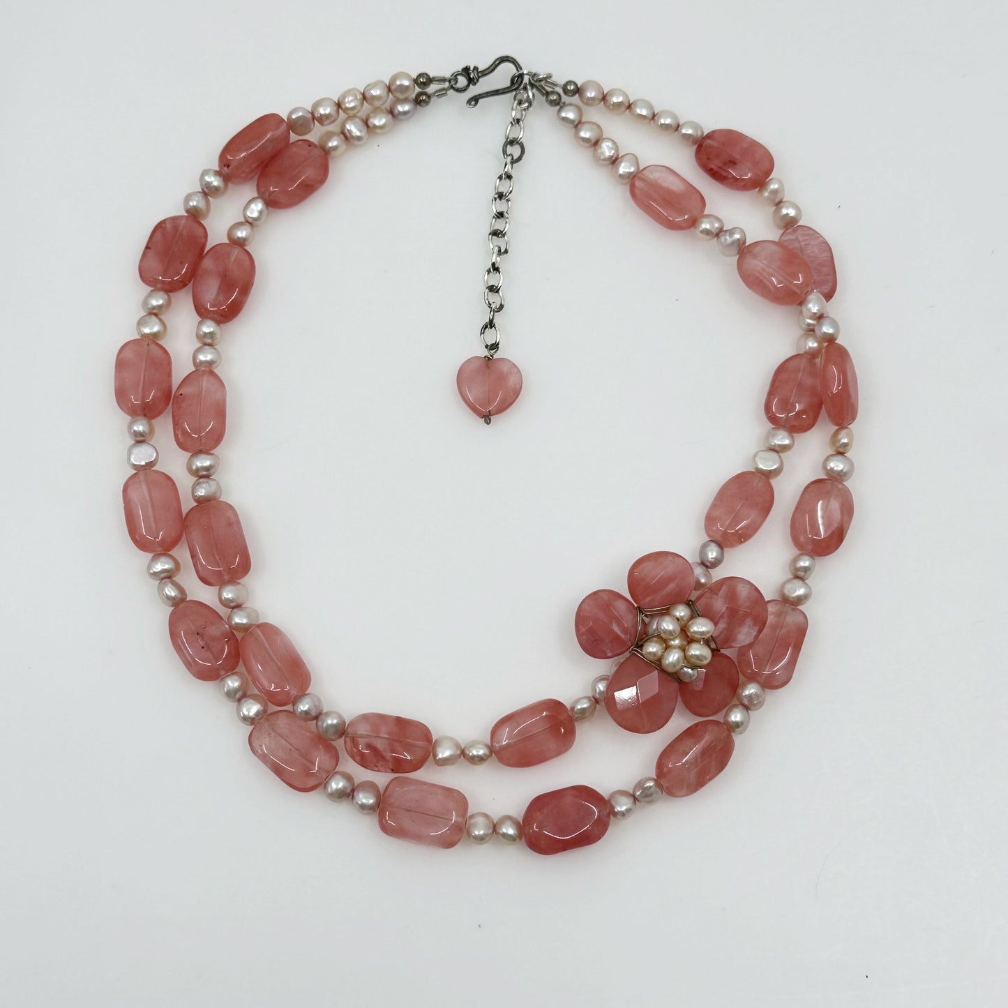 Sterling silver Pearl & cherry quartz bead necklace - GM185