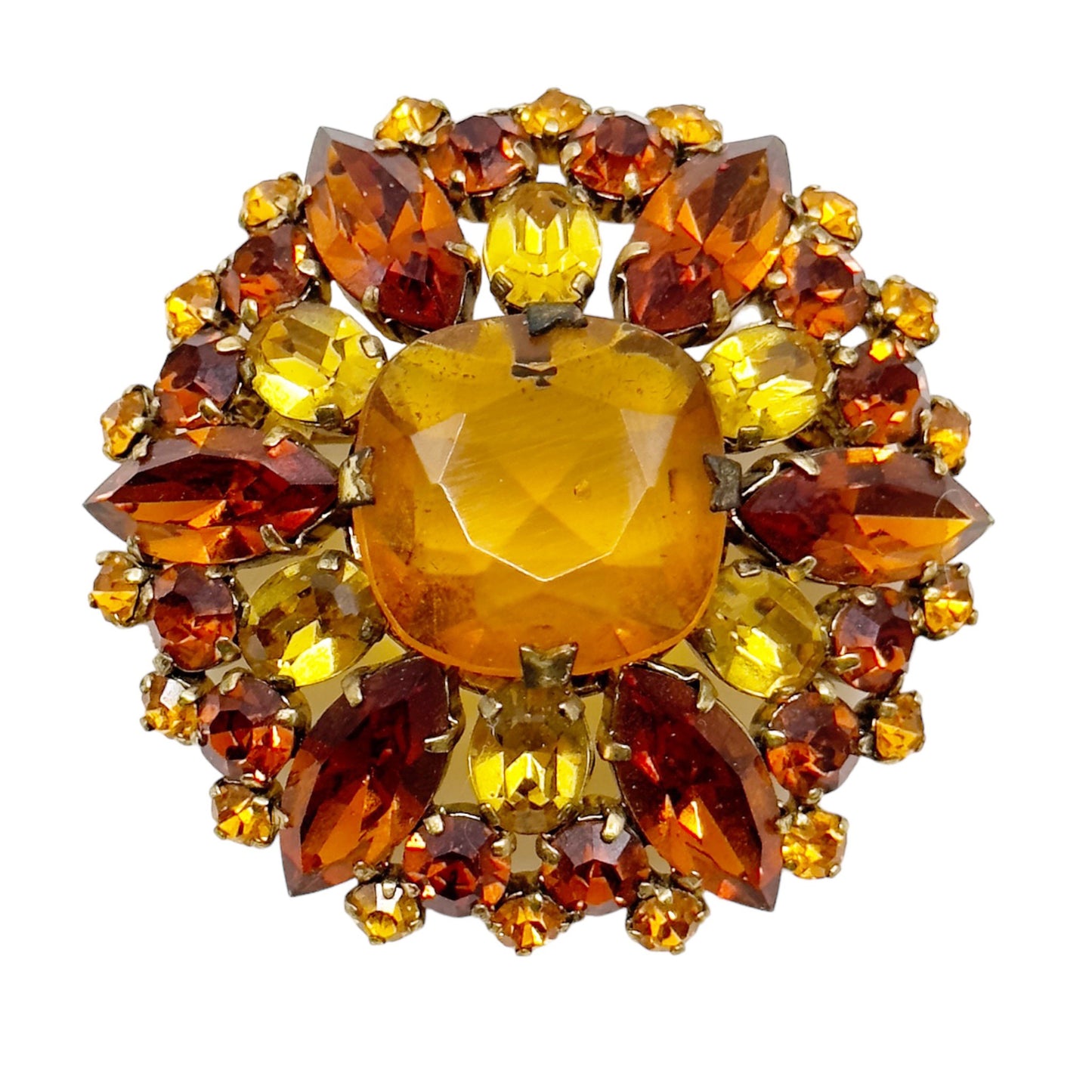 Vintage Made In Austria gold tone amber crystal brooch