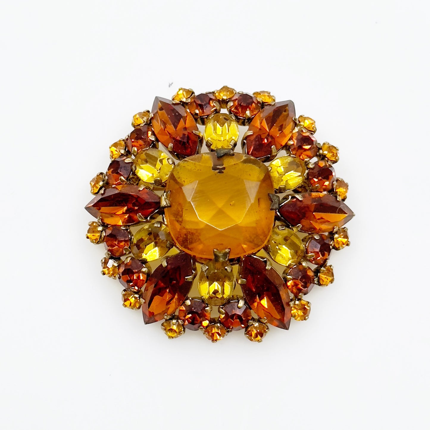 Vintage Made In Austria gold tone amber crystal brooch