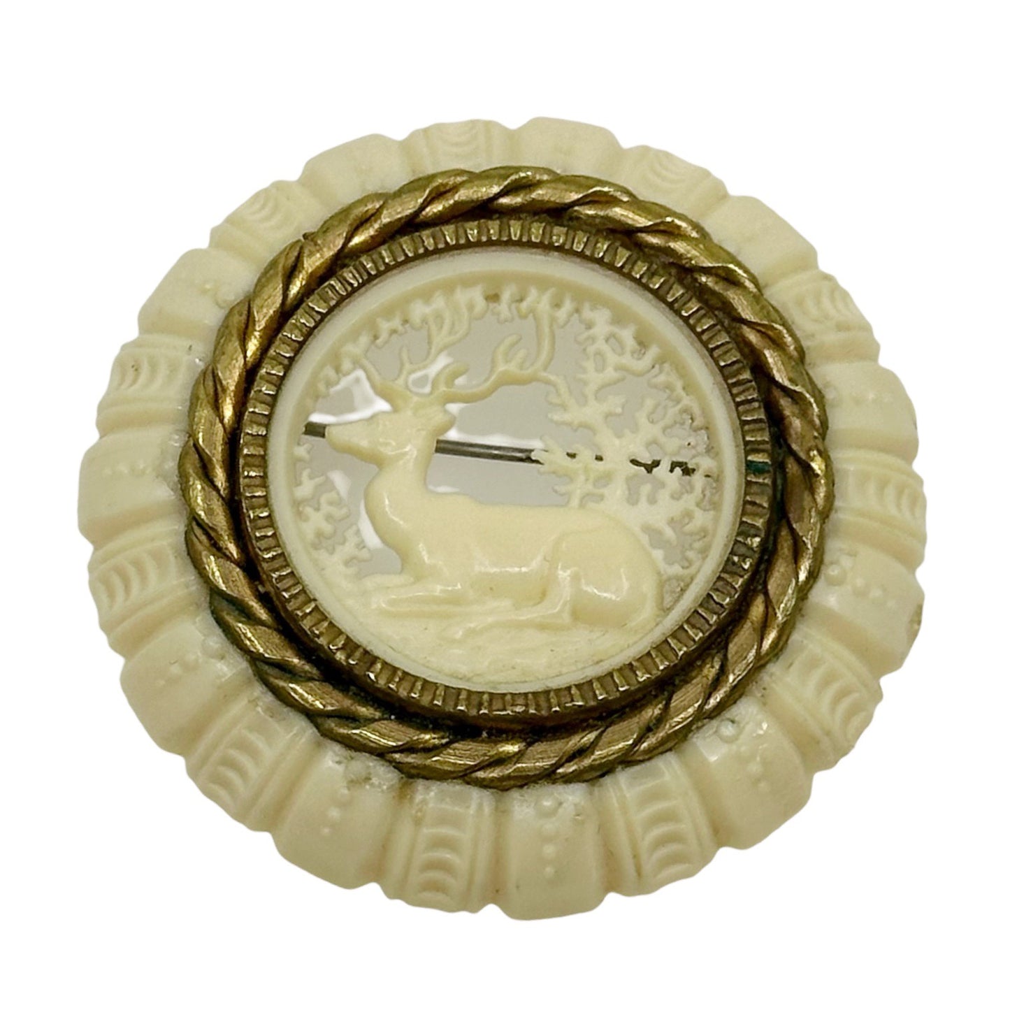 Vintage carved deer celluloid brass brooch