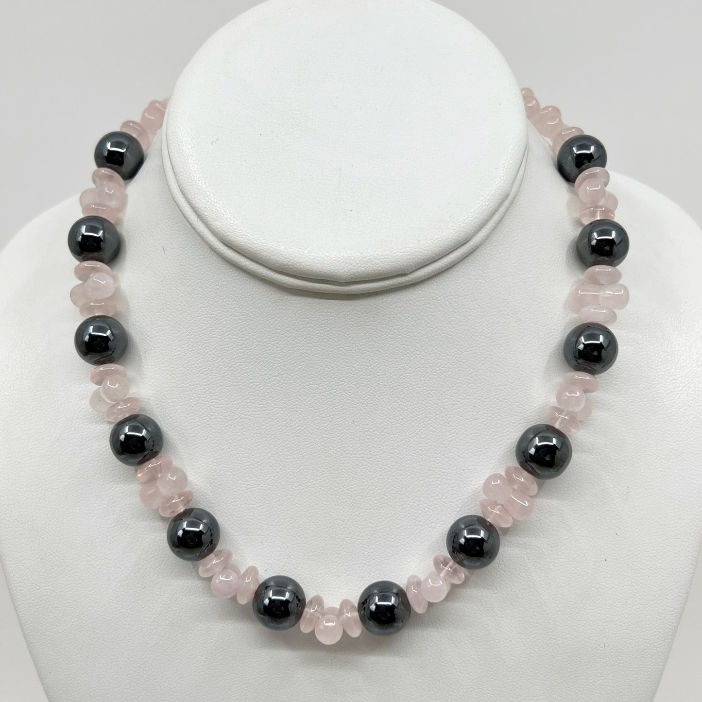 Sterling silver rose quartz & hematite bead necklace - GM203
