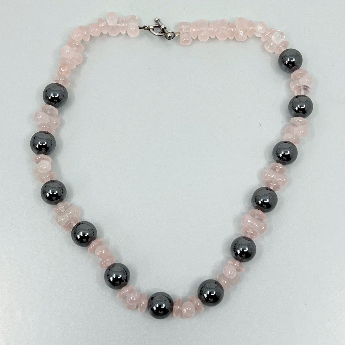 Sterling silver rose quartz & hematite bead necklace - GM203