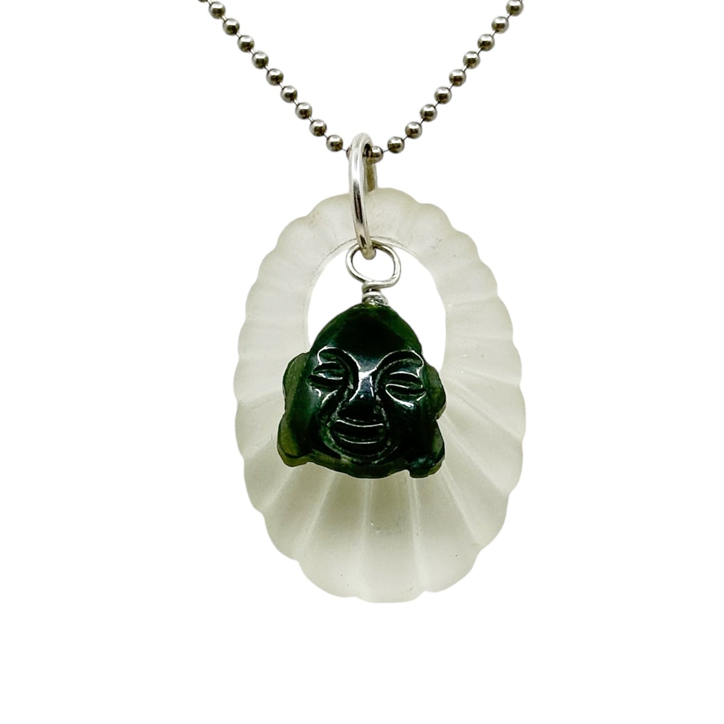Sterling silver rock crystal & nephrite jade Buddha pendant - GM214