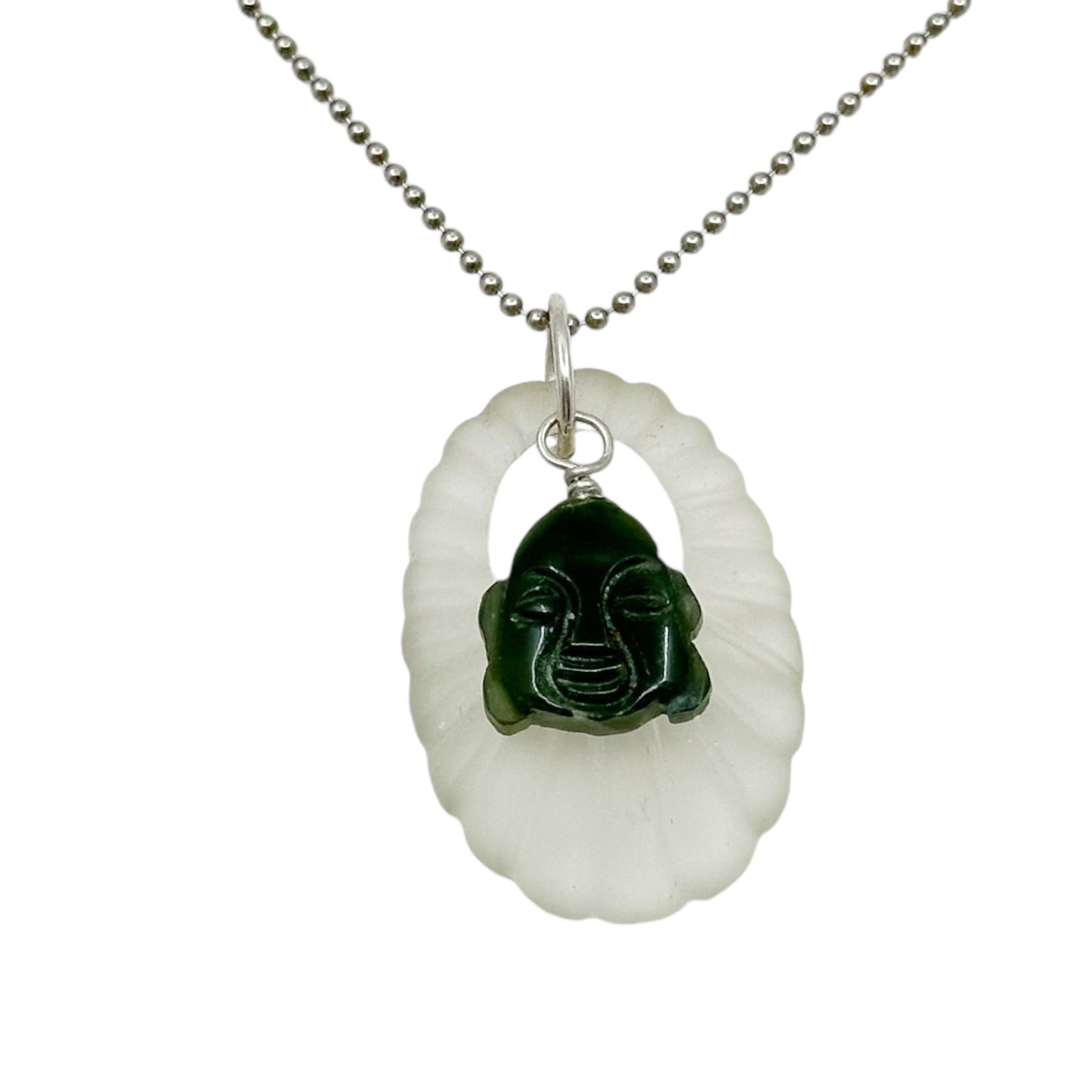 Sterling silver rock crystal & nephrite jade Buddha pendant - GM214