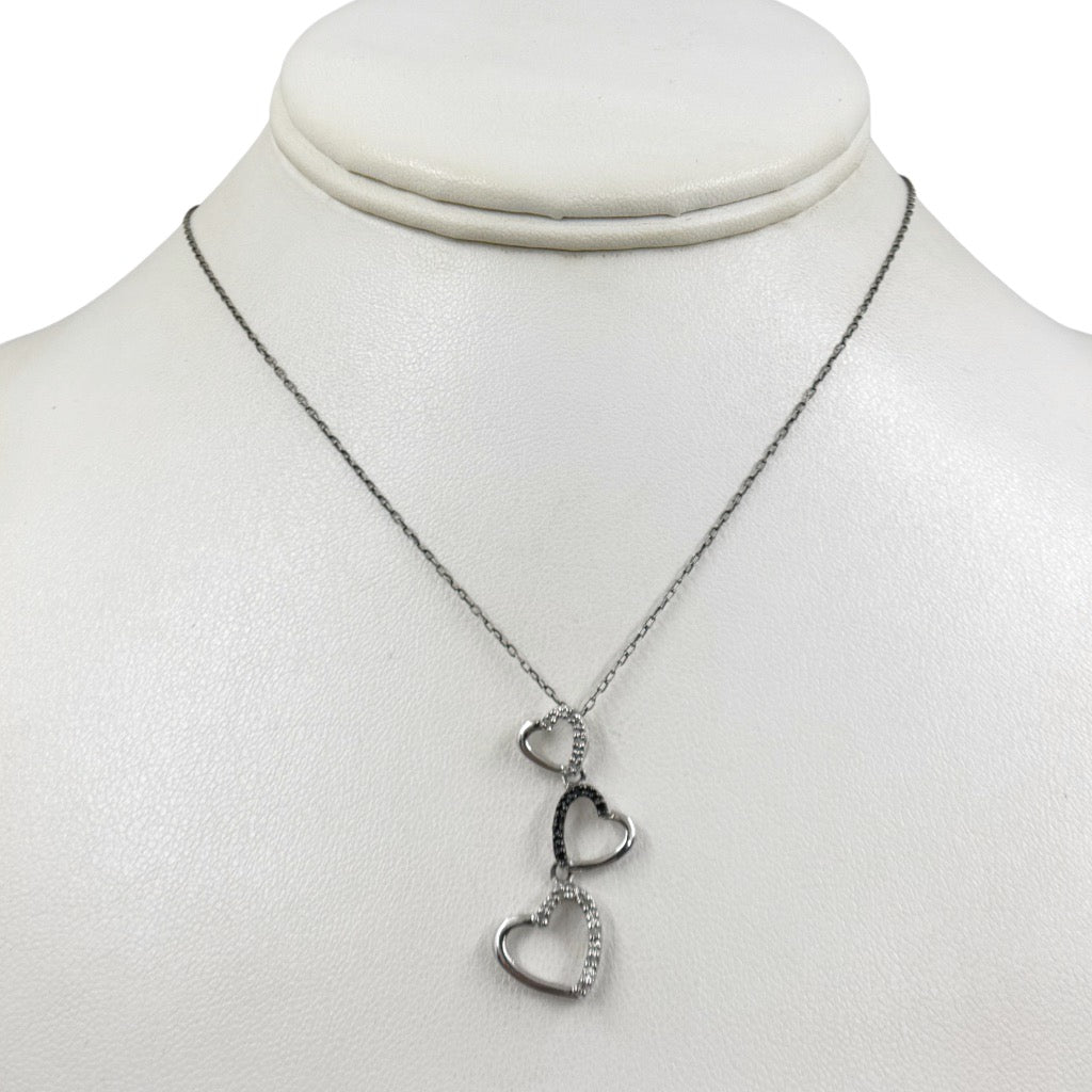 Sterling silver black & white diamond triple open heart pendant - GM241