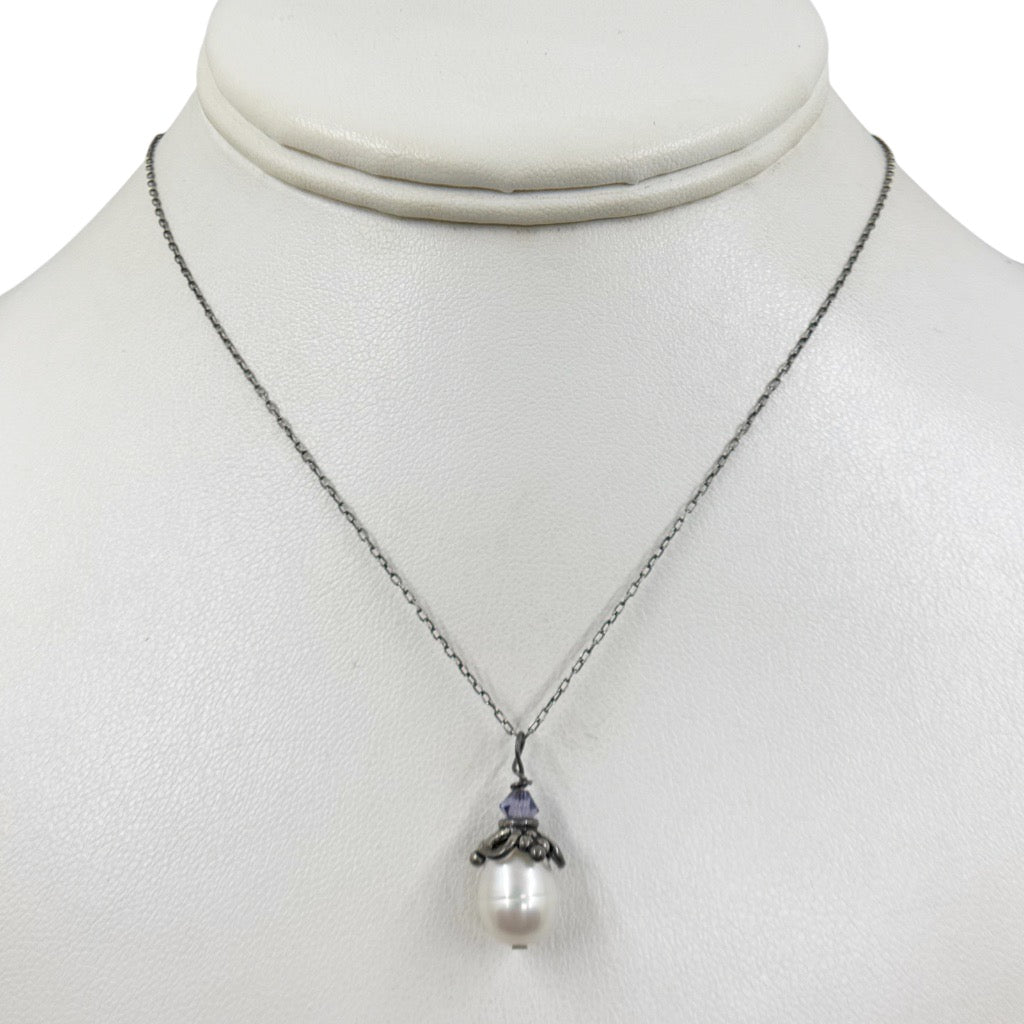 Hand made sterling silver freshwater pearl & crystal pendant necklace - GM243