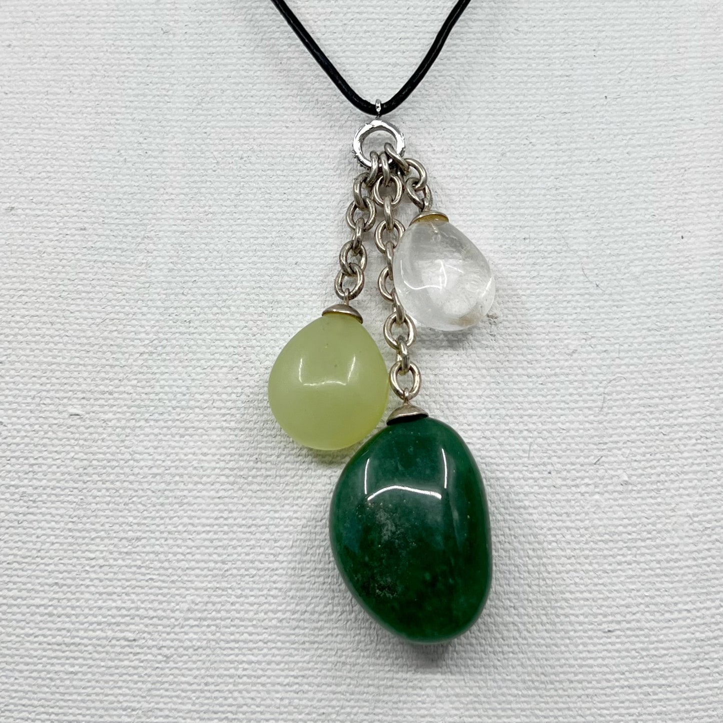 Sterling silver aventurine, jade & rock crystal bead leather necklace - GM247