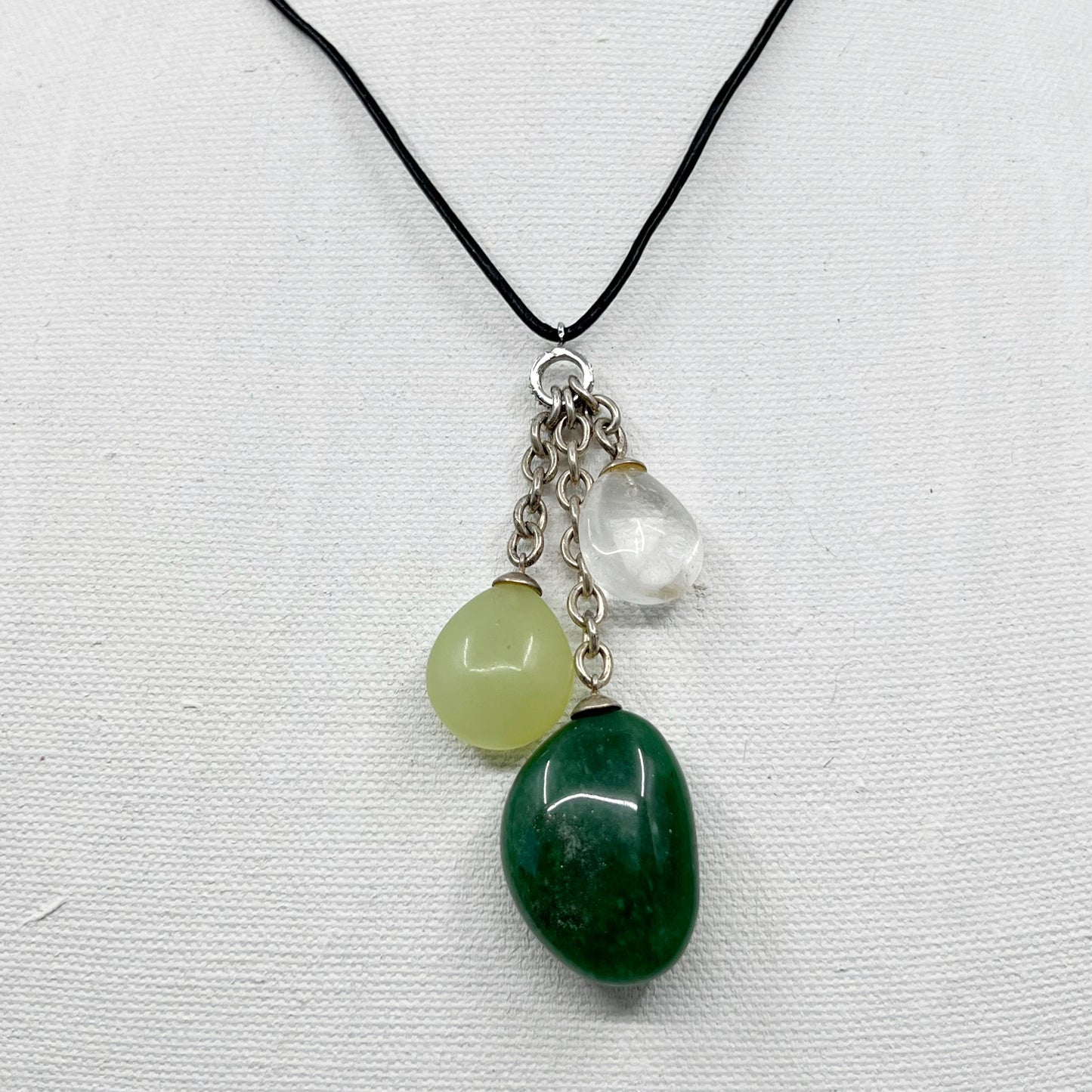 Sterling silver aventurine, jade & rock crystal bead leather necklace - GM247