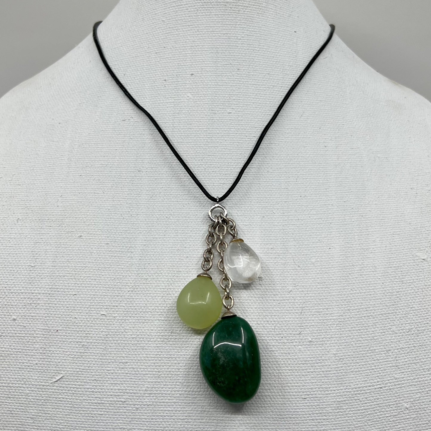Sterling silver aventurine, jade & rock crystal bead leather necklace - GM247