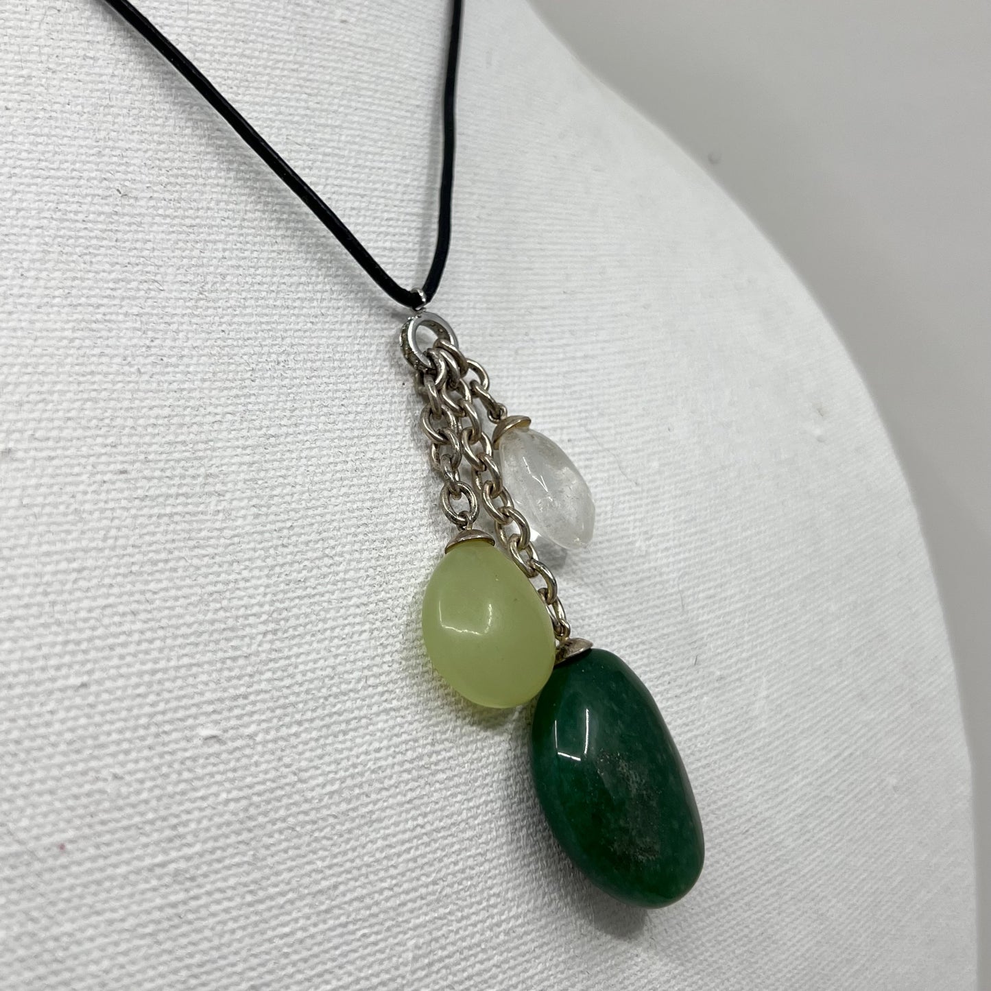 Sterling silver aventurine, jade & rock crystal bead leather necklace - GM247