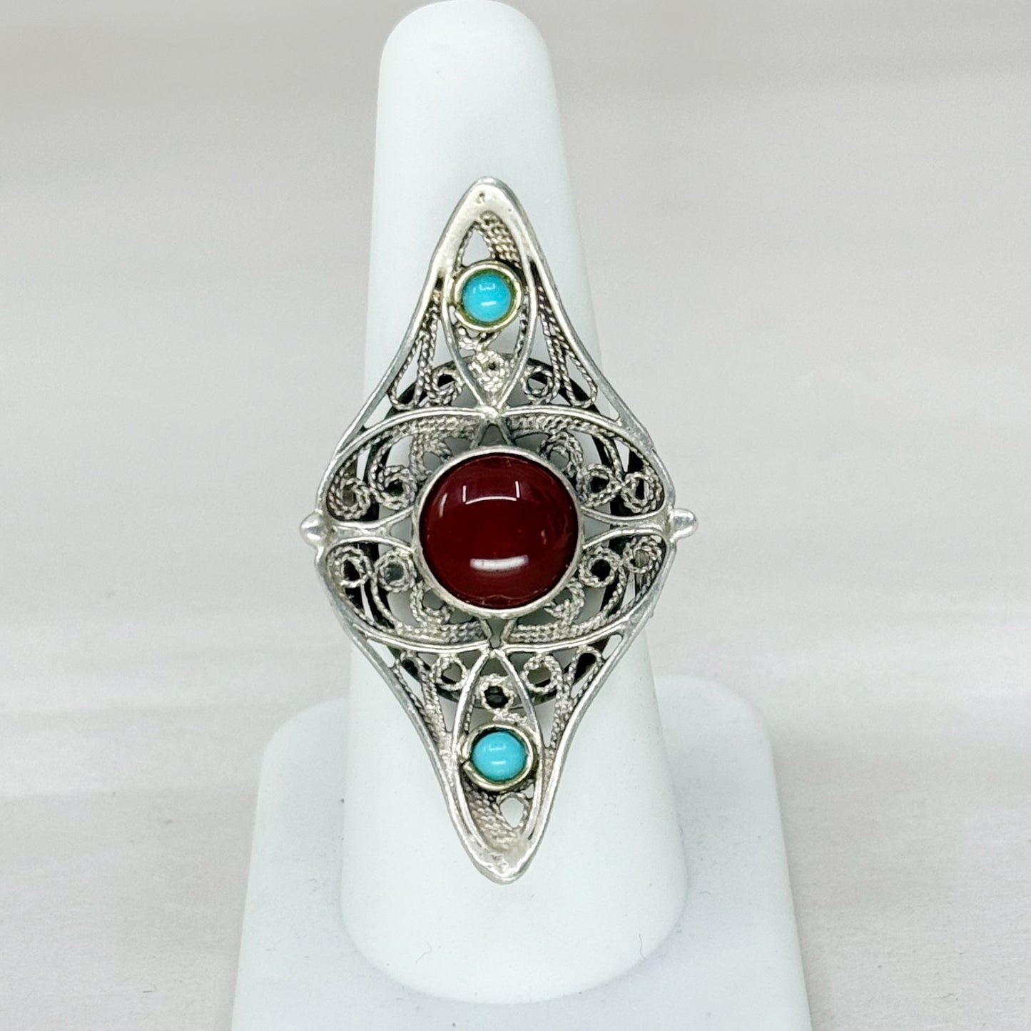 Vintage sterling silver carnelian & turquoise filigree ring - GM251